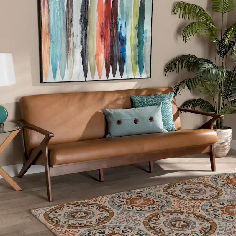 Bianca Mid-Century Modern Wood and Faux Leather Living Room Sofa