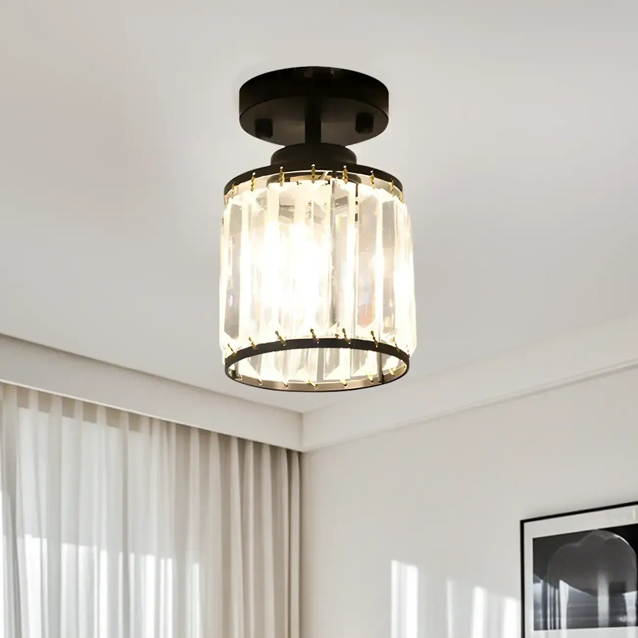 Elegant Clear Crystal Drum Semi Flush Ceiling Light