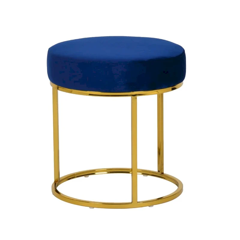 Modern Blue Velvet and Gold Stool Ottoman, Glam Accent Footrest for Living Room