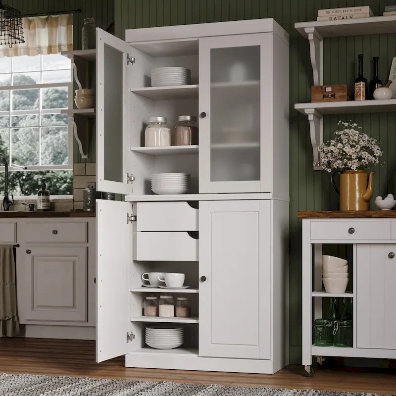 Palace Imports 100% Solid Wood Pantry Cabinet with Frosted Glass Doors, Solid Doors, 2-Drawers and Adjustable Shelves