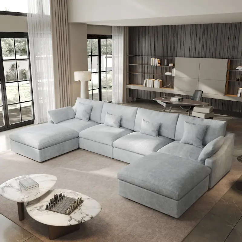 Minimalist Linen Sectional Sofa Down Filled Cloud Couch, U-Shape Deep Seat Couch with Cushions