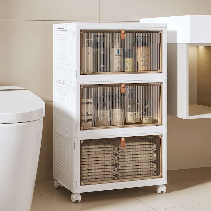 Javlergo 3 Tier Bathroom Storage Cabinet Storage Bins with Lid Stackable Storage Boxes Foldable Storage Organizers