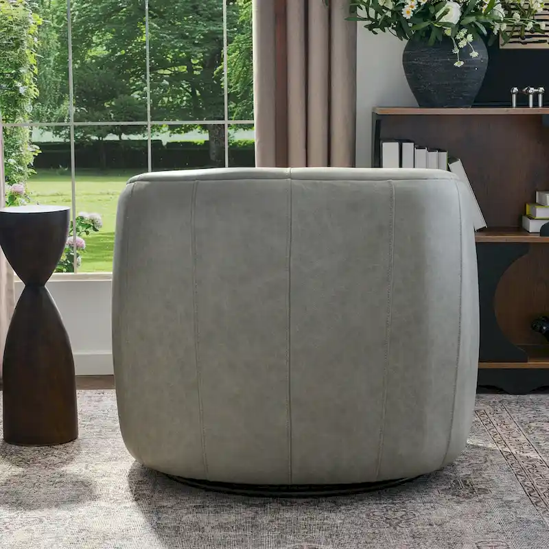 KINWELL Modern Top Grain Genuine Leather Swivel Armchair with Pillow