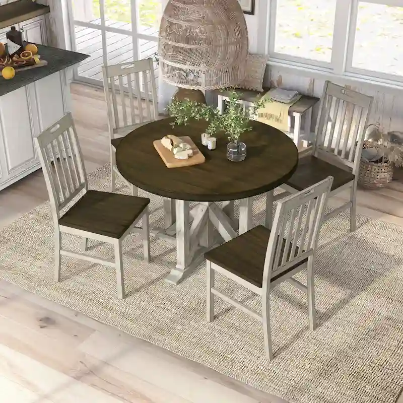 Derry Farmhouse Antique White and Dark Oak Solid Wood 5-Piece Dining Table Set by Furniture of America