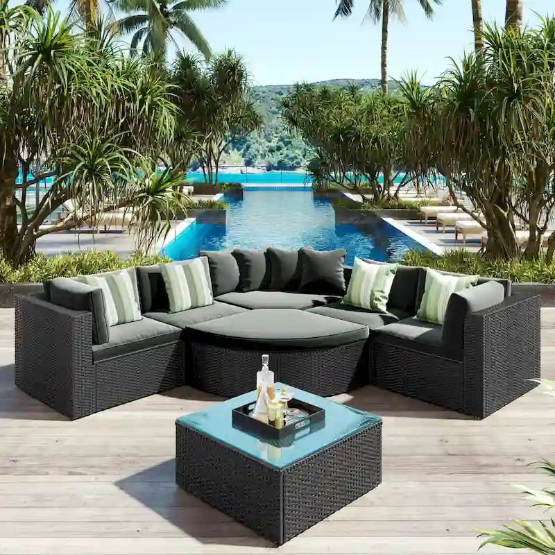 7-Piece All-Weather PE Wicker Outdoor Conversation Modular Sofa Set