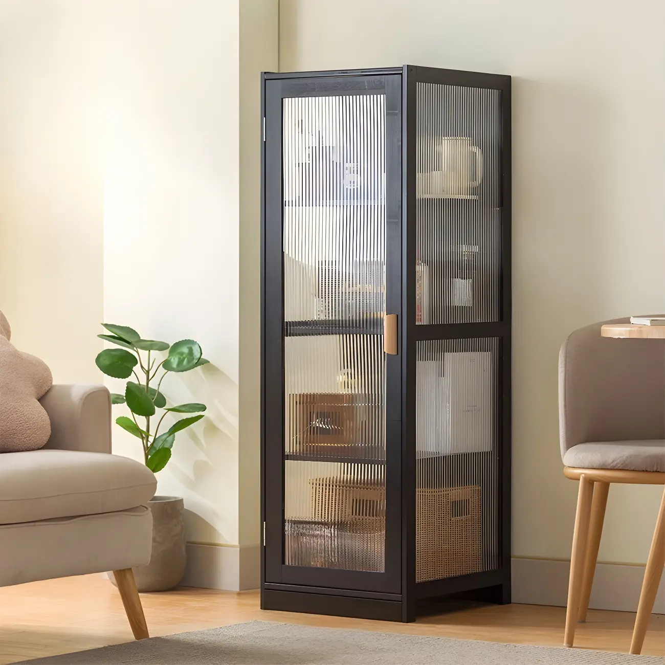 Narrow Adjustable Scandinavian Bamboo Glass Curio Cabinet