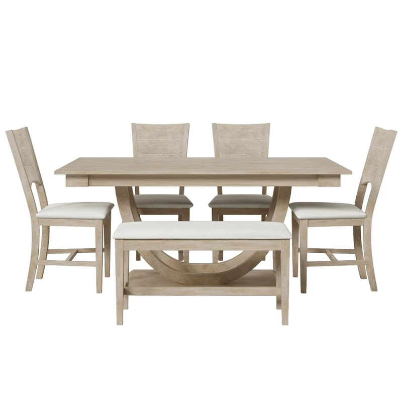 6-Piece Wood Half Round Dining Table Set Kitchen Table Set with Long Bench and 4 Dining Chairs, Modern Style, Gray