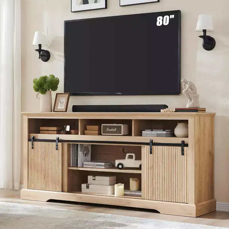 70 TV Stand for 80 Inch TVs with Sliding Door & Adjustable Shelf for Living Room