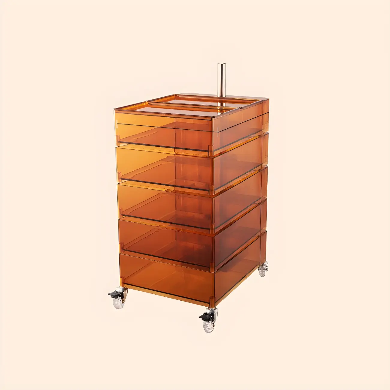 Vibrant Yellow Transparent Nightstand with Drawers and Wheels