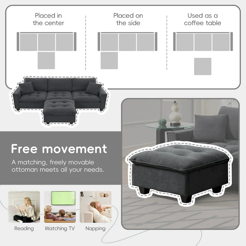 100*59 Convertible Sectional Sofa,L-shaped Reversible Couch Set with Free Pillows,4 Seat Sleeper Sofa with Ottoman