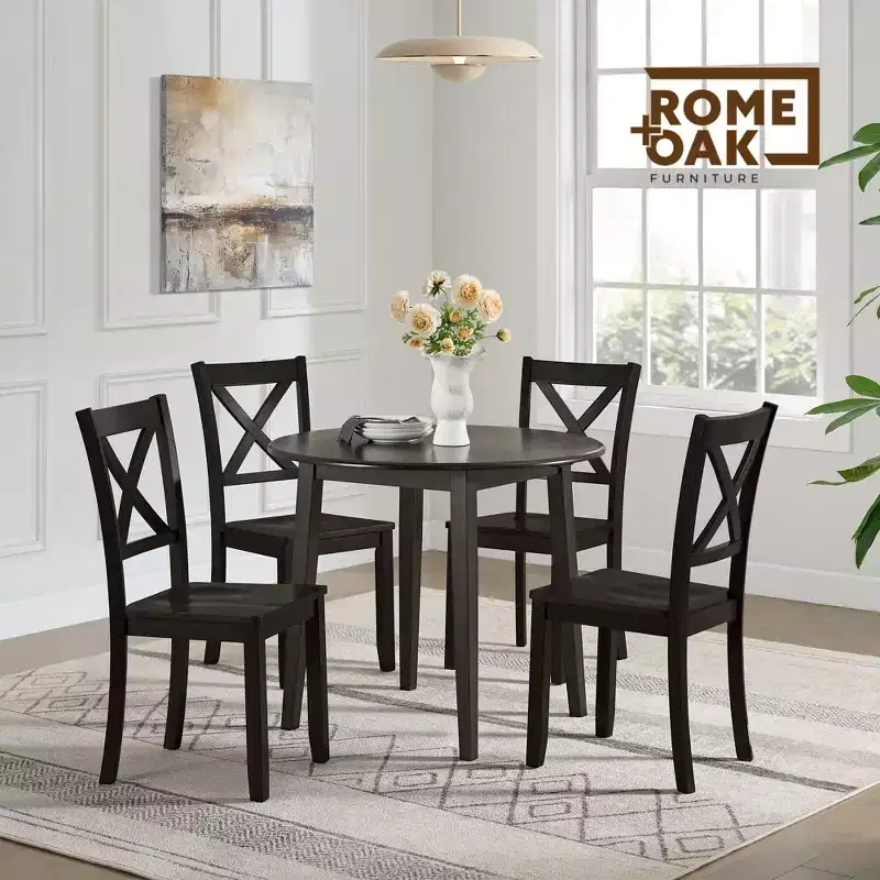 ROME + OAK X-Back Farmhouse Wooden Kitchen Dining Chair in Dark Brown, Set of 4