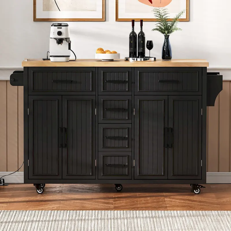 56.5 Kitchen Island with Drop Leaf and Charging Station, Rolling Kitchen Cart on Wheels with Drawers and Adjustable Shelves