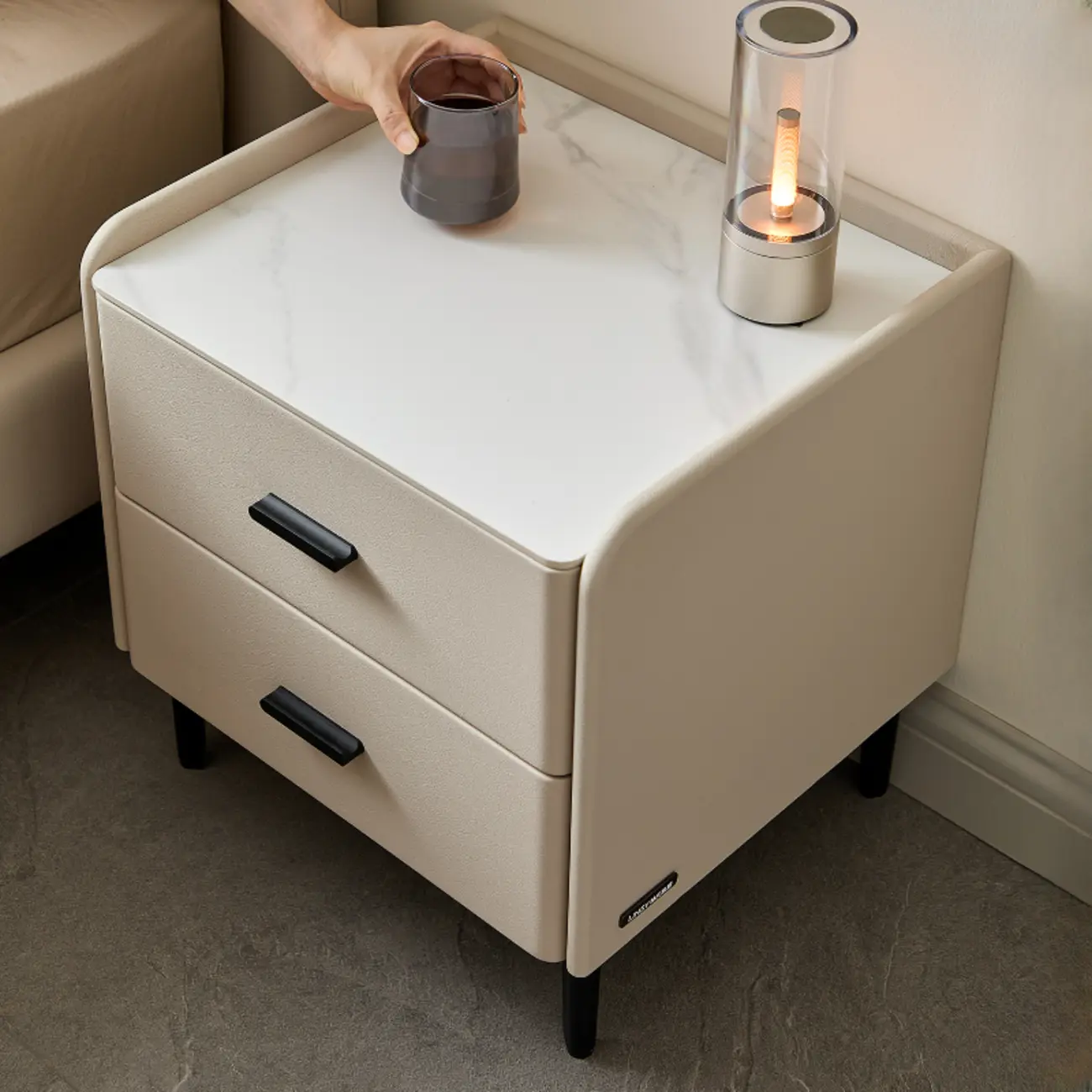 Elegant Modern Faux Leather Stone Top Nightstand