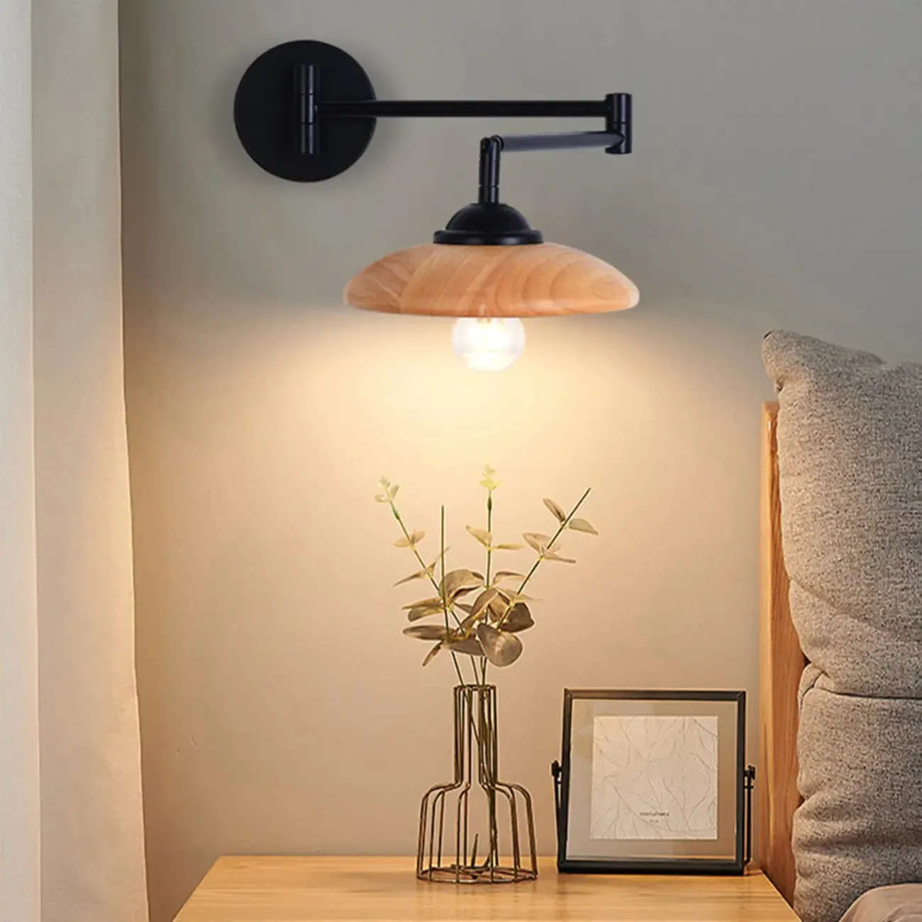 18 Small Bedside Swing Arm Wall Light with Wooden Shade