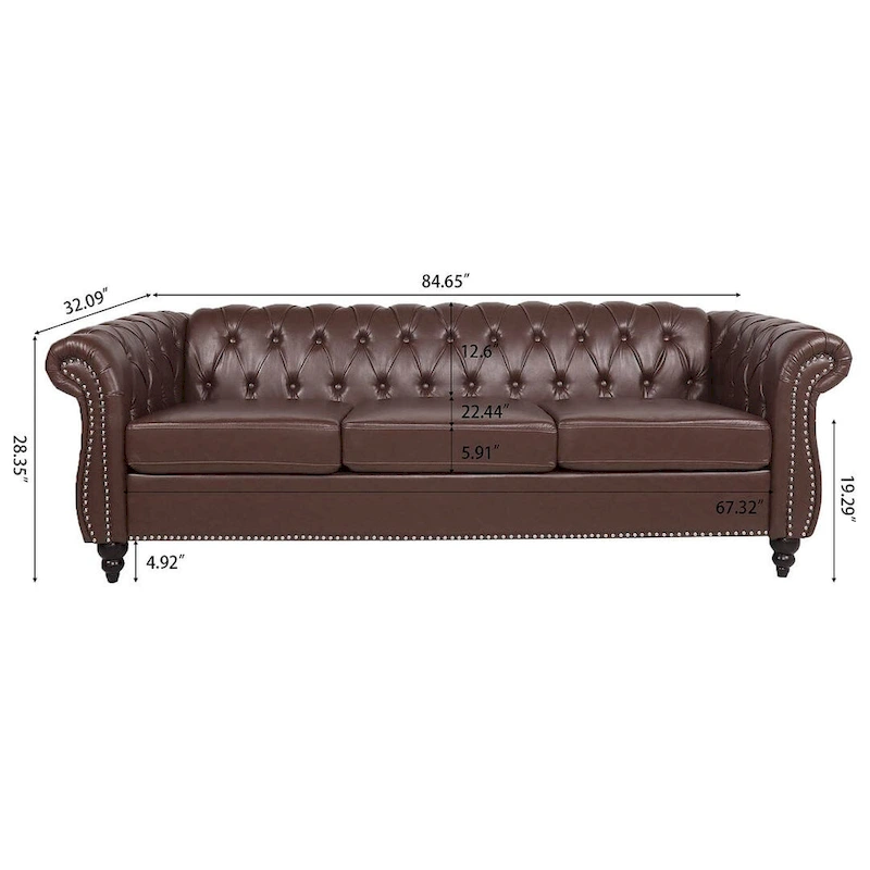 84.65 Chesterfield Tufted Faux Leather Sofa with Rolled Arms