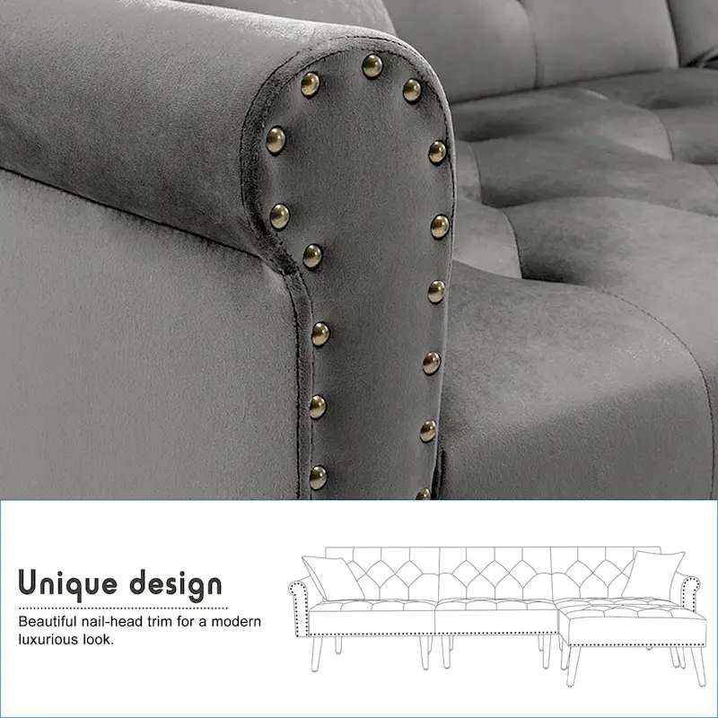 Convertible Velvet Sofa Couch, Sectional Sofa with Ottoman, Mid-Century Futon Sofa Bed - 32D x 100.7W x 29.9H
