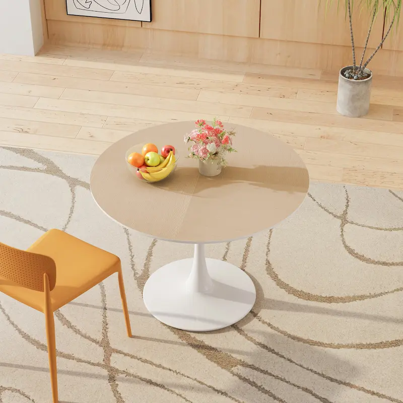 Round Dining Table with Metal Base – White Marble / Black Marble / Oak+Black / Black / White / Natural+White, Seats 2-4