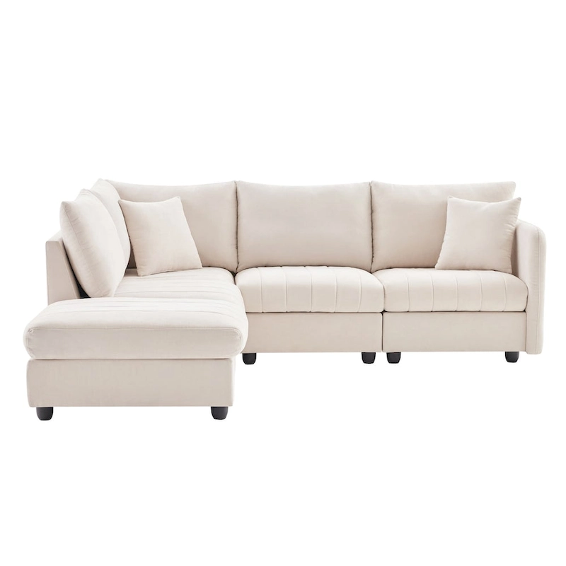 Modern L-Shape Sectional Sofa with Vertical Stripes,2 Pillows,Ottoman,Various Combinations,Beige