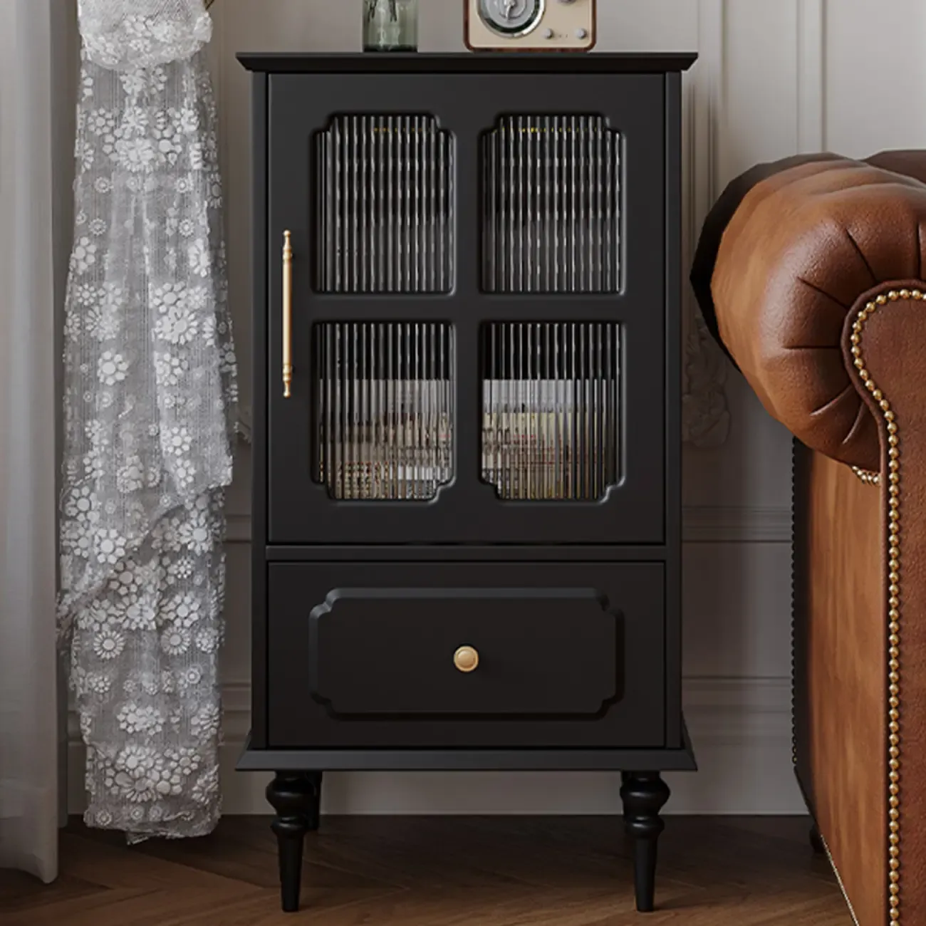 Classic Black Wooden Ribbed Glass Pane Storage Cabinet