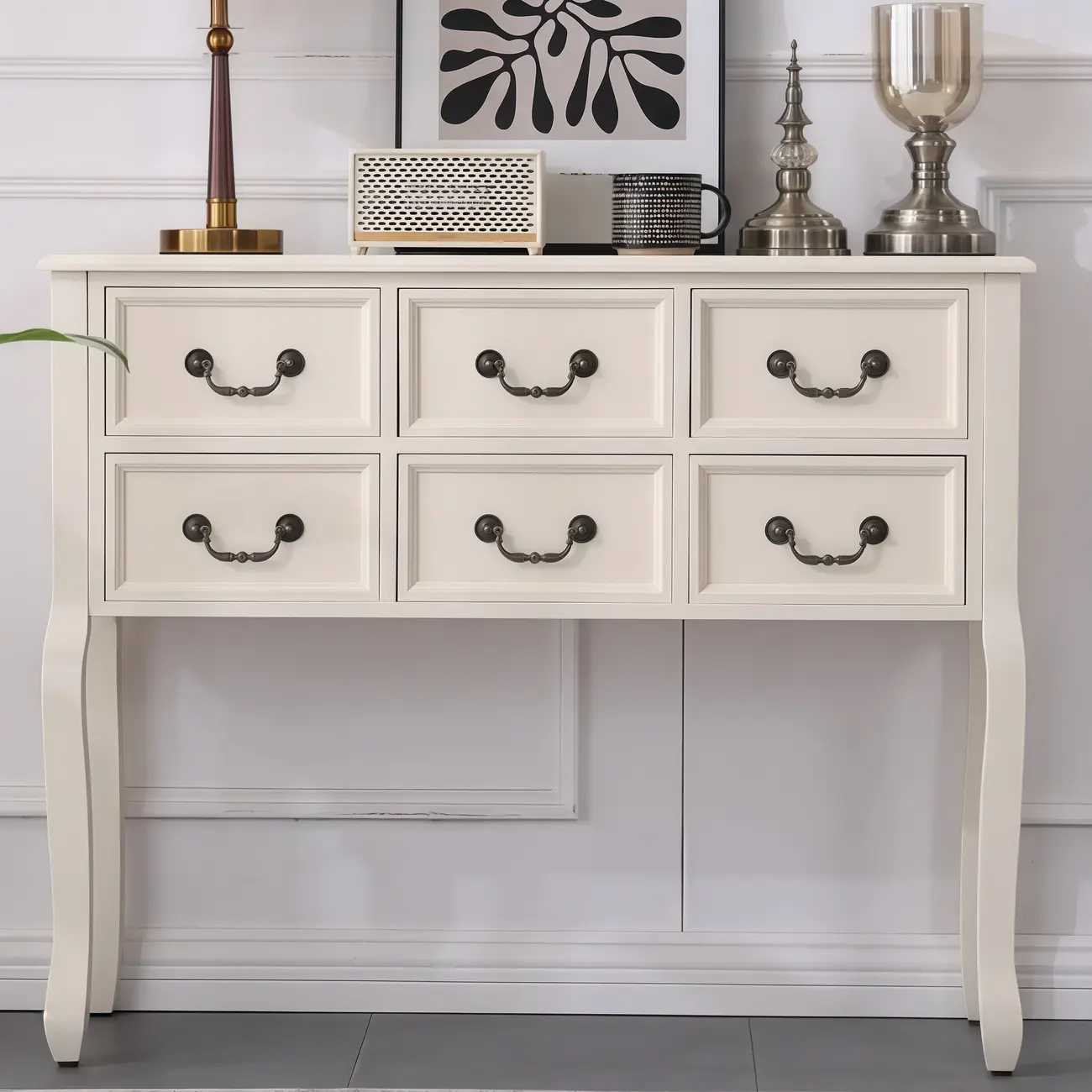 Rectangular Dark Walnut Console Table with Drawers