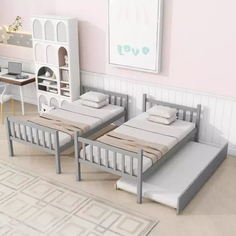 MAYEERTY Twin Rubber Wood Bunk Bed with Trundle Twin Bunk Bed with Ladder and Safety Guardrails Gray