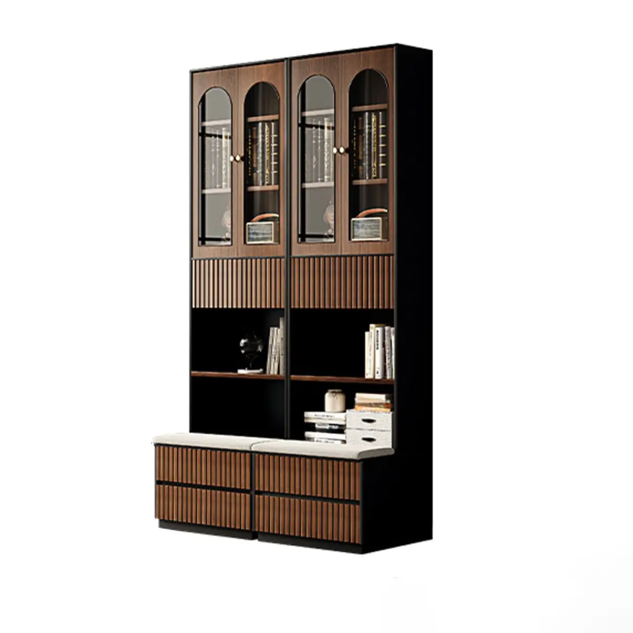 Tall French Country Display Wooden Bookcase with Cushioned Bench