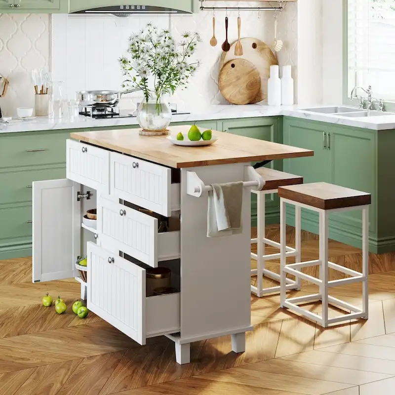 Farmhouse Kitchen Island Set with Drop Leaf Top and 2 Seatings