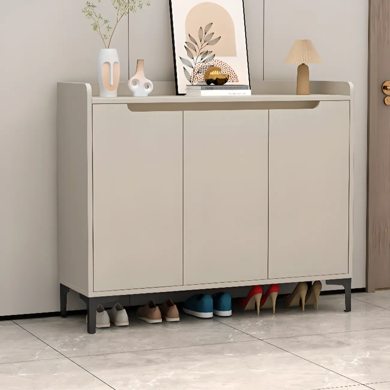 Sleek Milk Cocoa Wood Shoe Cabinet with Display Top