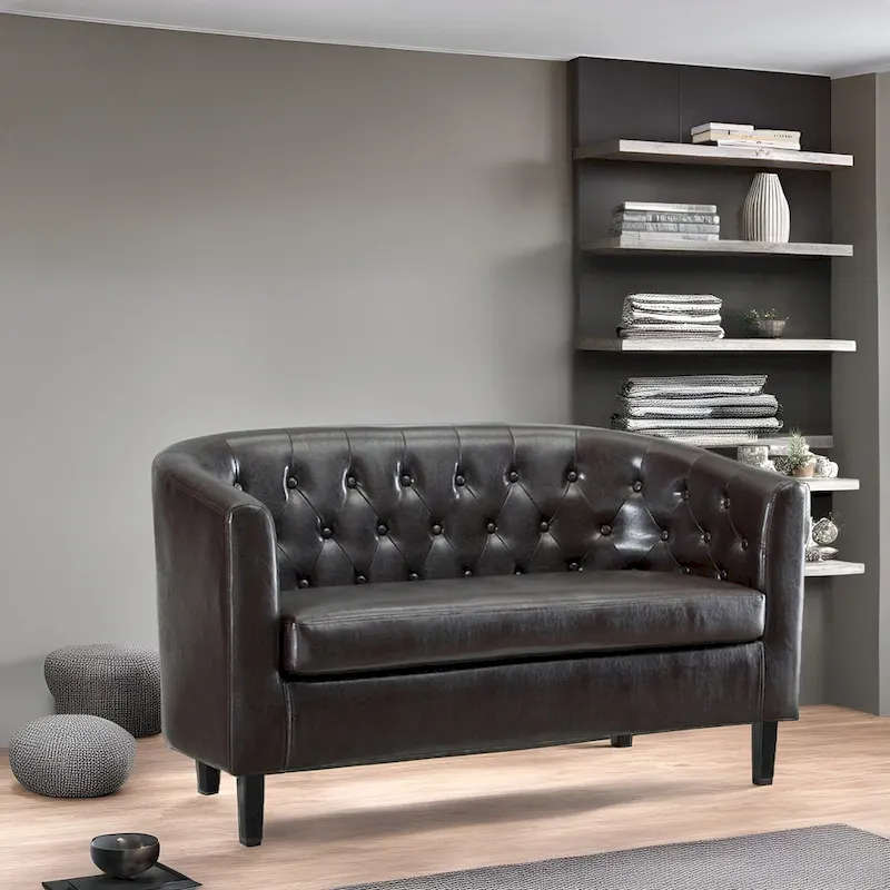 Midcentury Modern Button Tufted Faux Leather Barrel Loveseat - Comfy Tub Loveseat Sofa