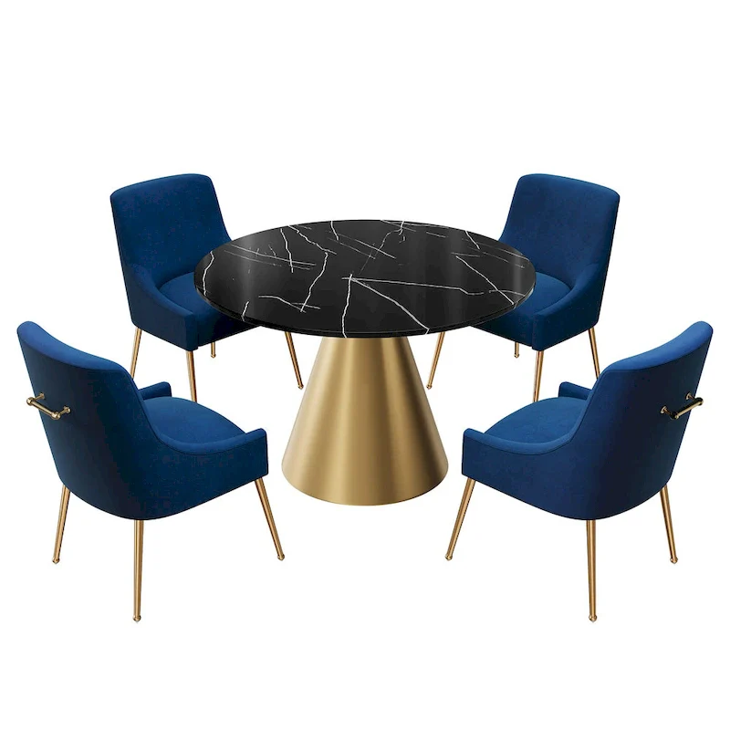 Clihome 5 Piece Black Marble Top Table with Velvet Dining Chair Set