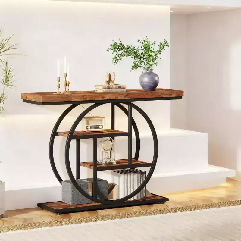 JVNOXK Industrial 4-Tier Wood End Table with Round Metal Frame