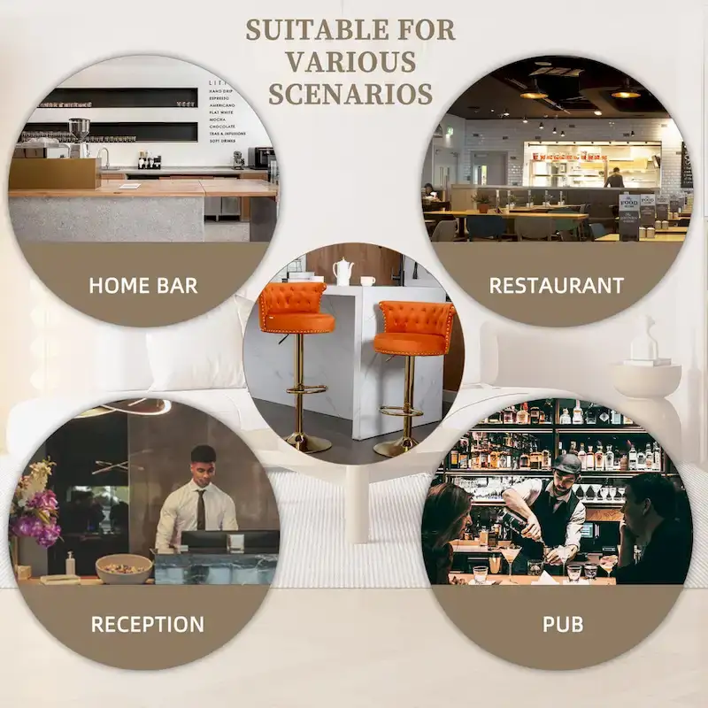 Velvet Upholstered Tufted Nailheads Swivel Adjustable Height Bar Stools With Golden Footrest(set of 2)