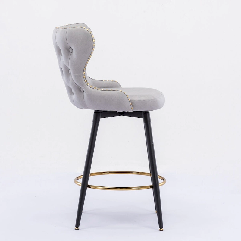 Counter Height Modern Leathaire Fabric Bar Chairs with Swivel and Tufted Gold Nailhead Trim Set of 2