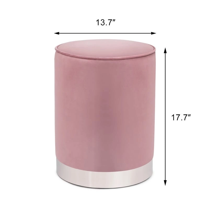 Adeco Vanity Upholstered Round Velvet Ottoman Footstool Silver Trim