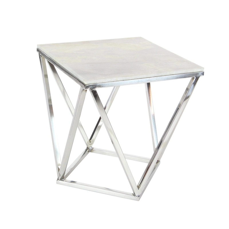 Stainless Steel Metal Side End Accent Table with Marble Top - Silver - Roche River Decor