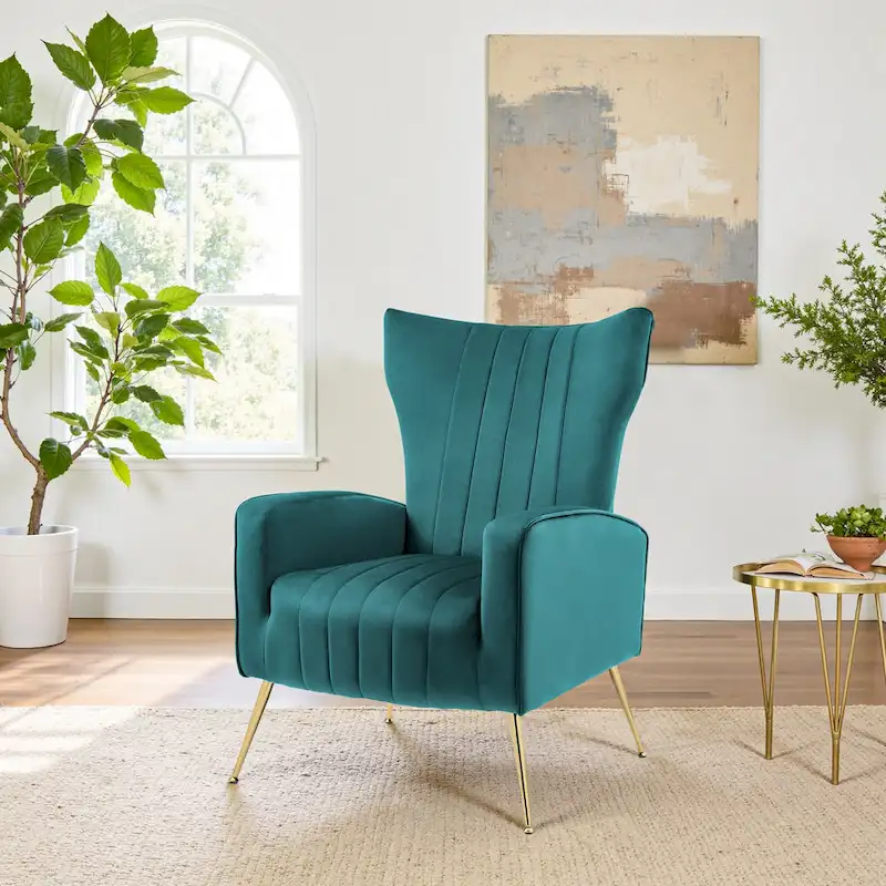 Velvet Stripe Wingback Accent Chair with Metal Legs for Living Room