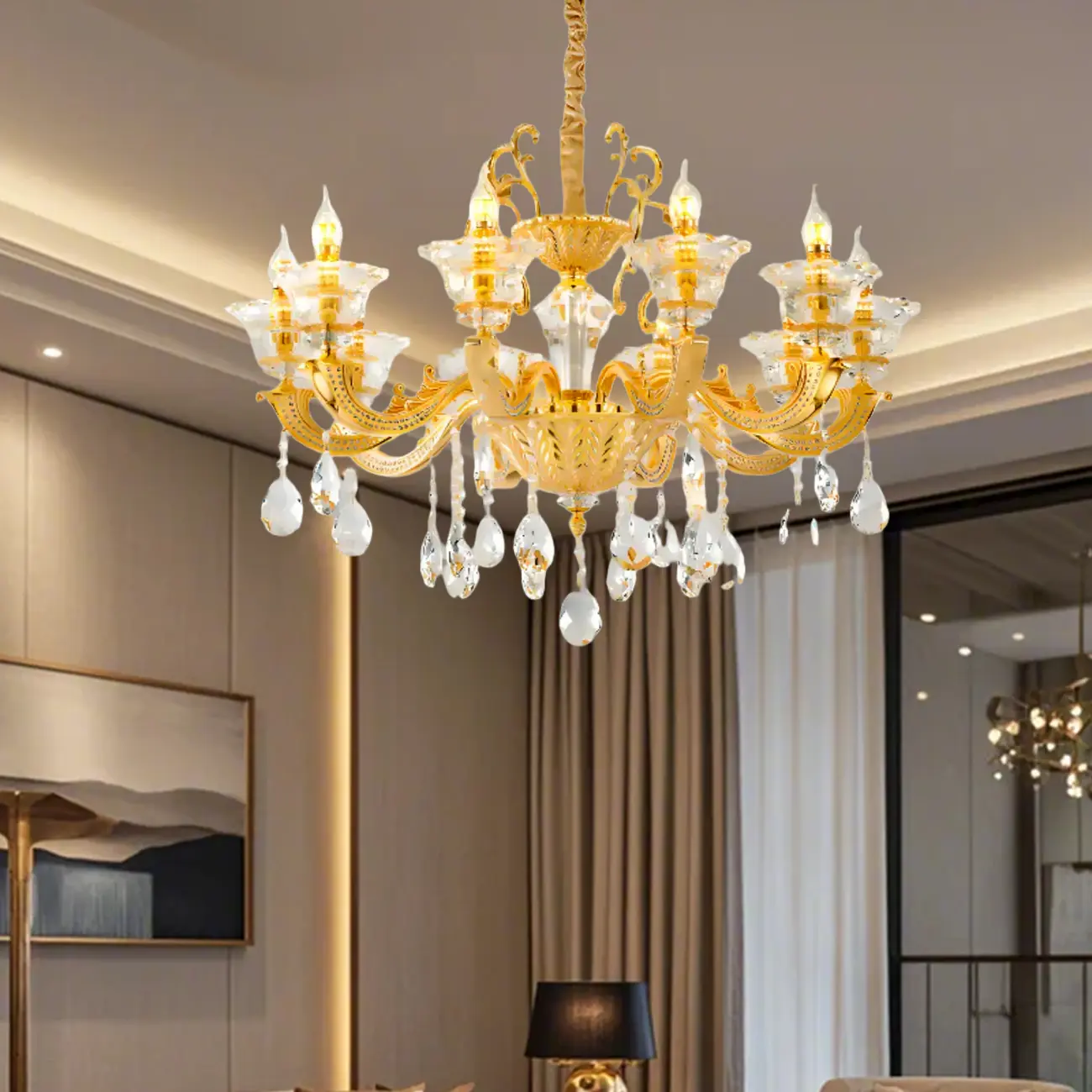 Living Room Golden Crystal Pendant Up Light Chandelier With Candelabra