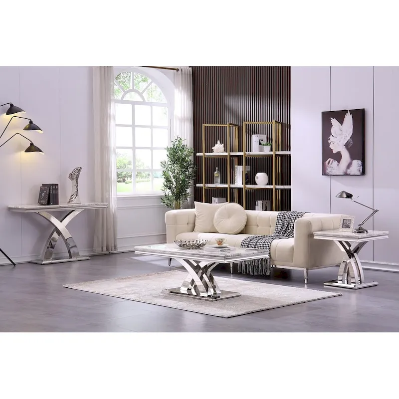 Modern 22 inch Grey and Silver End Table with Polished Stainless Steel X Base