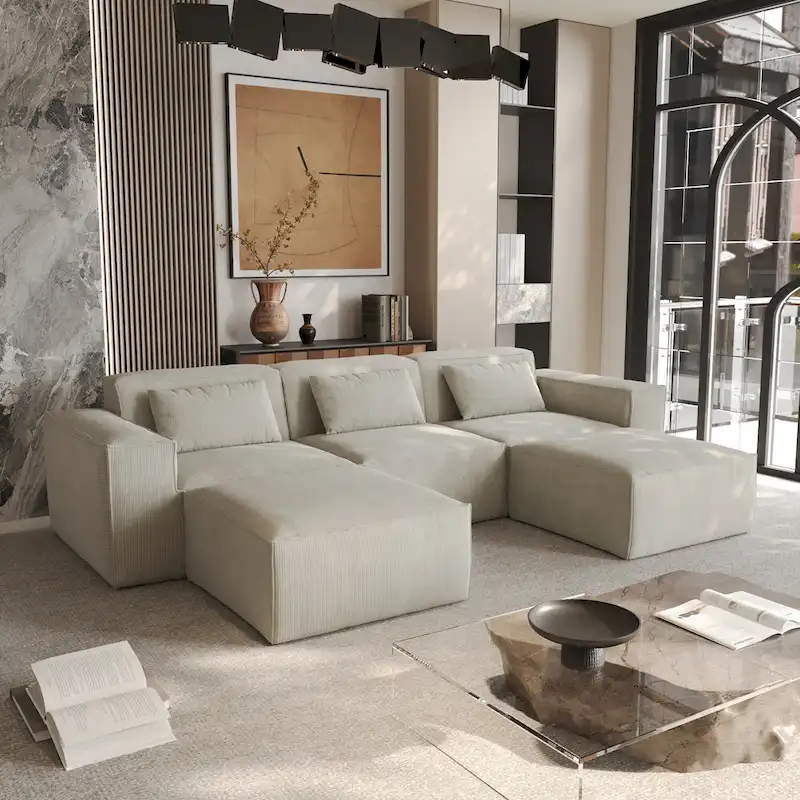 Gray Corduroy U-Shaped Sectional Sofa with Ottoman - 3 Seater