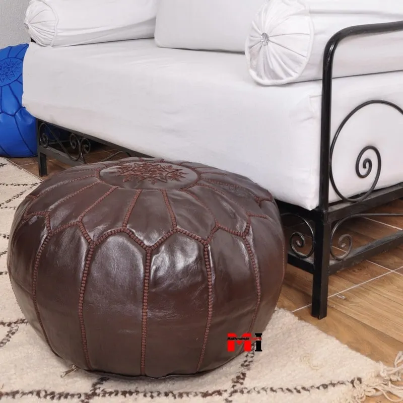 Amira Handmade Top Grain Leather Moroccan Ottoman/Pouf (Morocco)