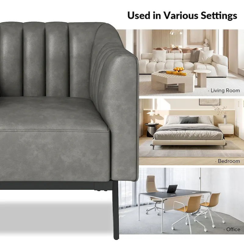 Channel Tufted PU Leather Accent Chair, Navy/Grey/Camel/Brown/Black, Metal Legs, Set of 2