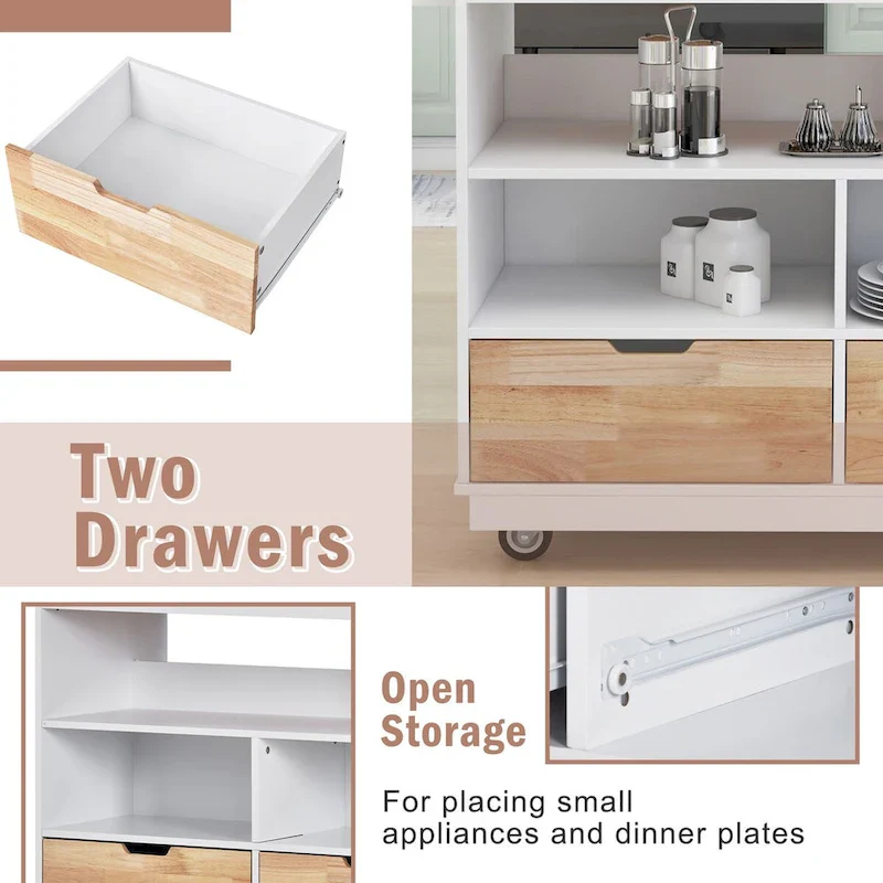 Wood Rolling Kitchen Island with 2 Drawers and 3 Open Compartments
