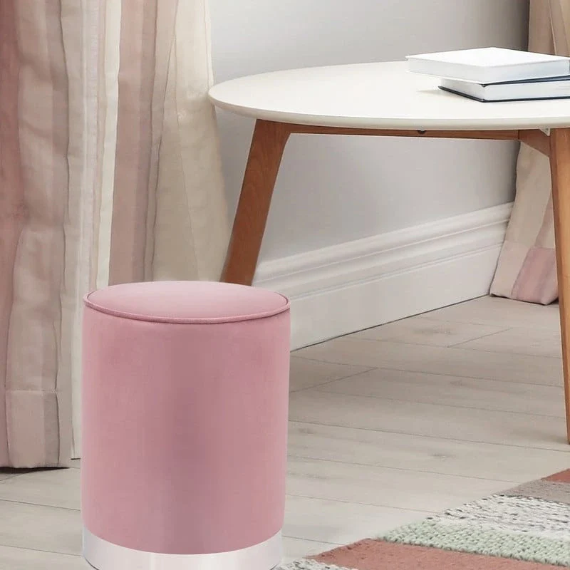 Vanity Upholstered Round Velvet Ottoman Footstool Silver Trim