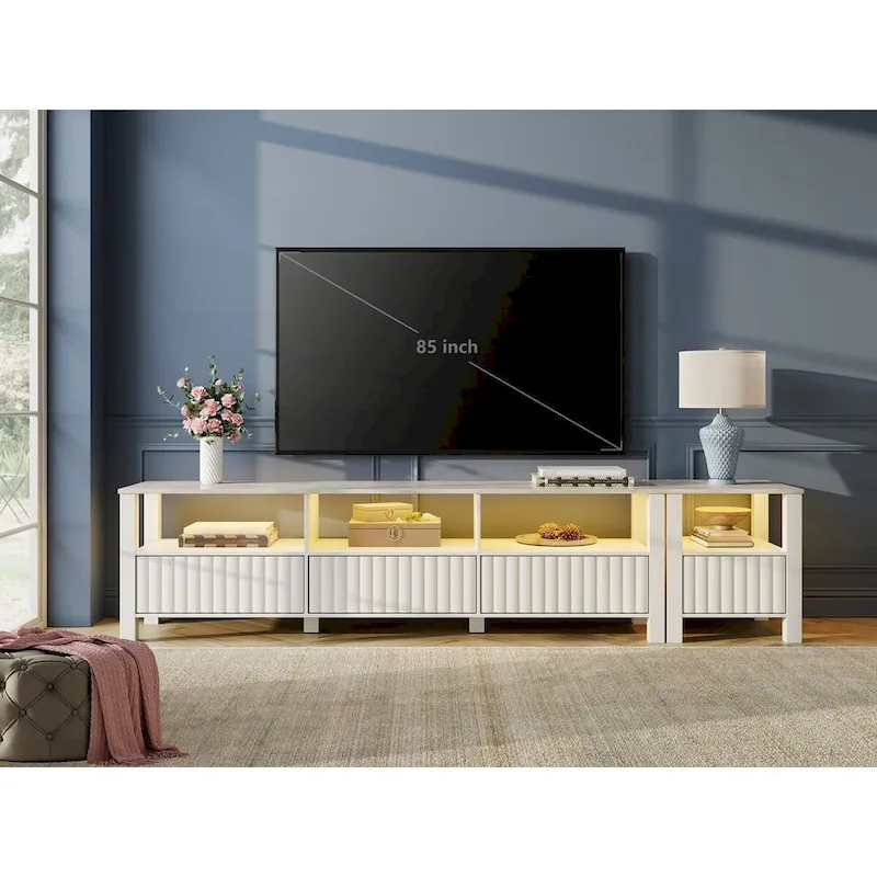 White TV Stand for 65-100 Inch TV with LED Light, Modern TV Console