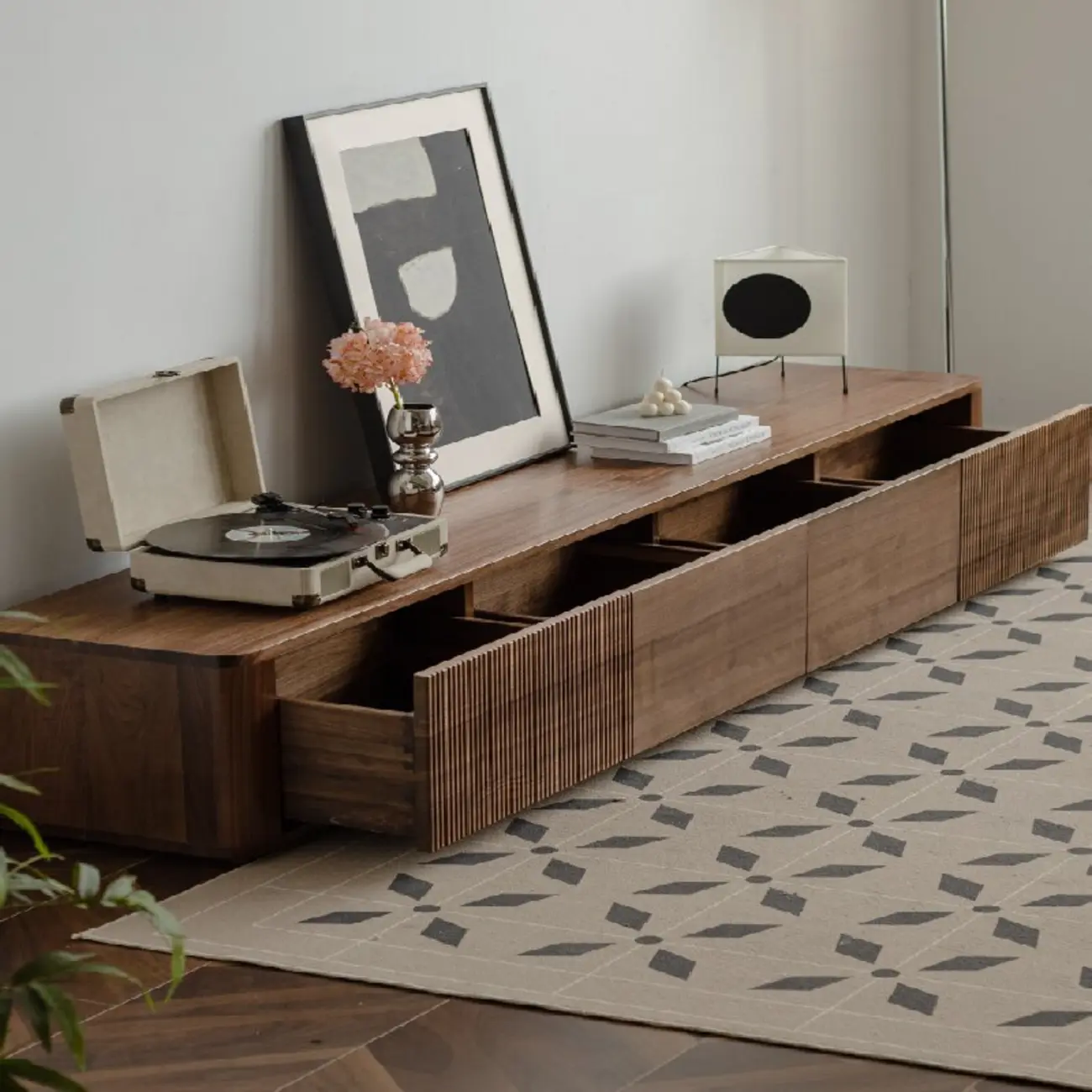 87 Mid-Century Modern Brown Wooden TV Stand with Drawers