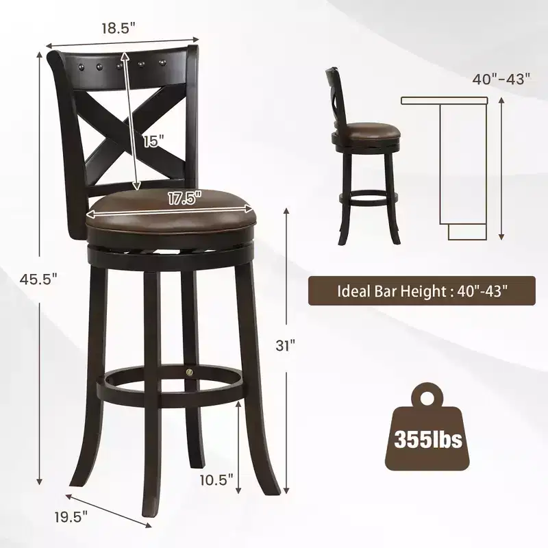 31 Swivel Bar Stool Bar Height PU Leather Seat Rubber Wood Legs Footrest