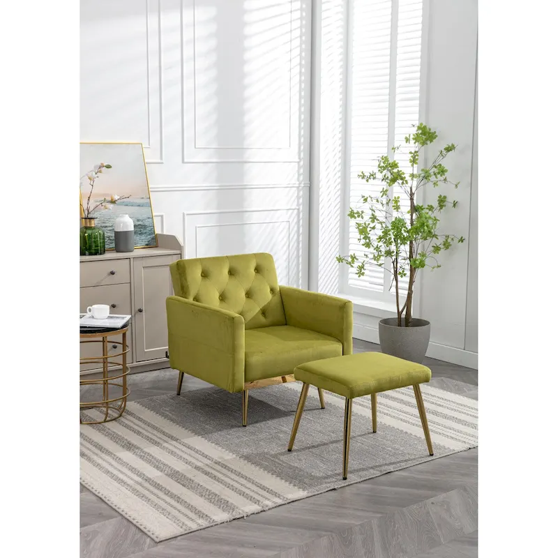 Velvet Accent Chair with Adjustable Armrests and Backrest, Button Tufted Lounge Chair, Single Recliner Armchair with Ottoman