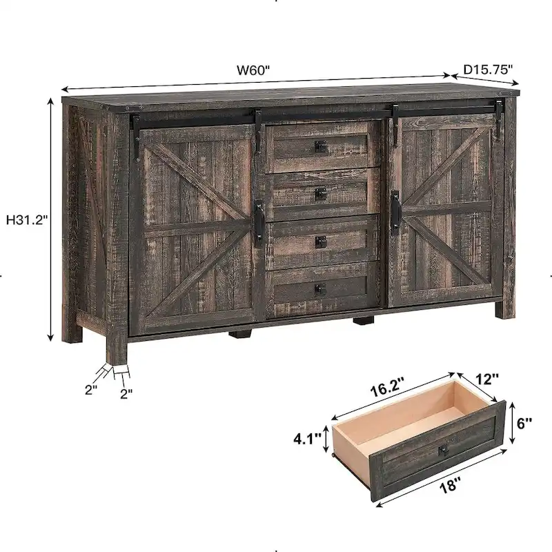 Farmhouse Dresser with 4 Drawers & 2 Sliding Cabinets, Dark Rustic Oak/Antique White/Barnwood