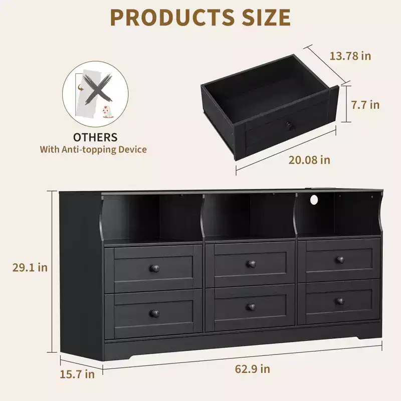 6-Drawer Dresser with RGB Lights & Power Outlet, Black / Gray / White