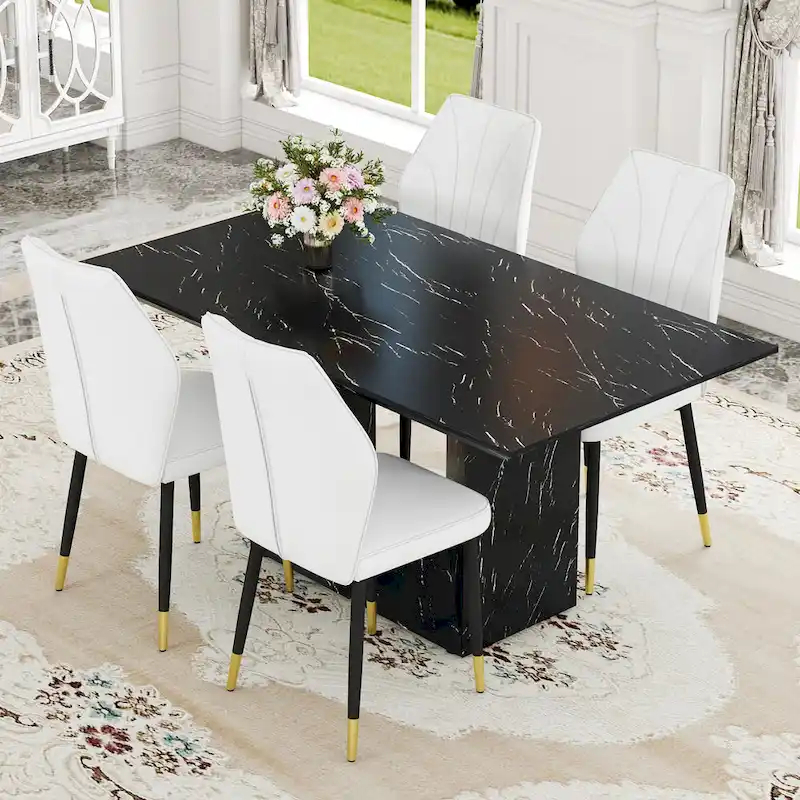 Black Marble Pattern Dining Set - 5 Piece with 4 PU Chairs (63